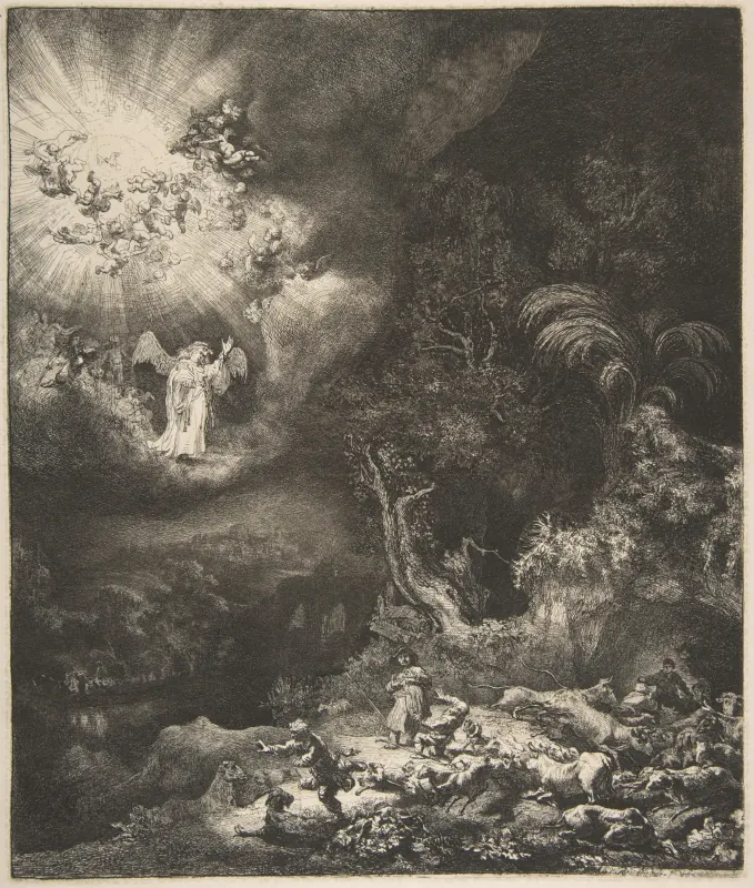 Radierung von Rembrandt: Aus einem Lichtkreis voller Engel spricht ein Engel auf einer Wolke zu den Hirten in der dunklen Nacht