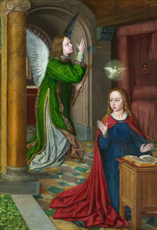 Erzengel Gabriel in grünem Brokatmantel kniet mit erhobener Hand hinter Maria, über ihr schwebt eine Taube
