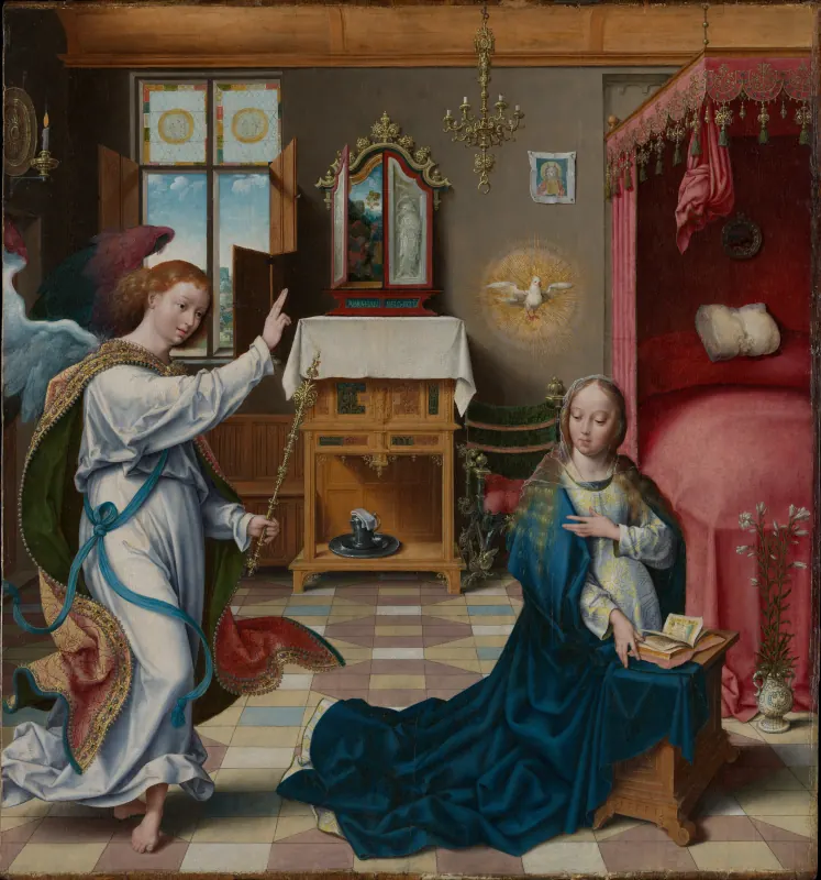 Erzengel Gabriel mit erhobener Hand tritt in ein flämisches Zimmer, Maria kniet am Lesepult, rechts eine Vase mit Lilien