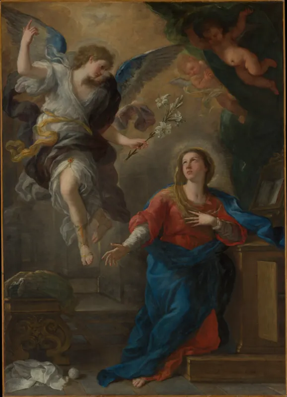 Erzengel Gabriel schwebt auf einer Wolke herab und reicht der knienden Maria einen Lilienzweig