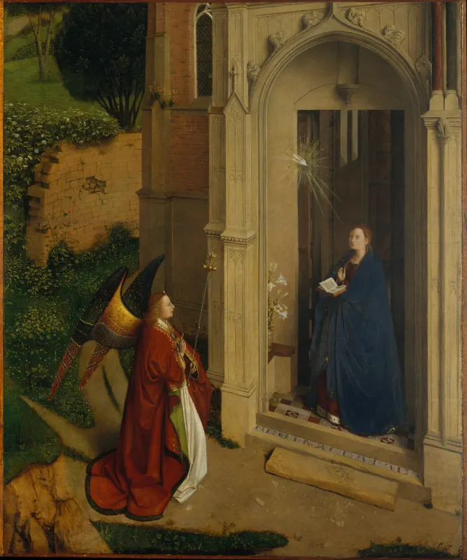 Erzengel Gabriel in rotem Mantel kniet vor dem Portal einer gotischen Kirche, in dem Maria steht