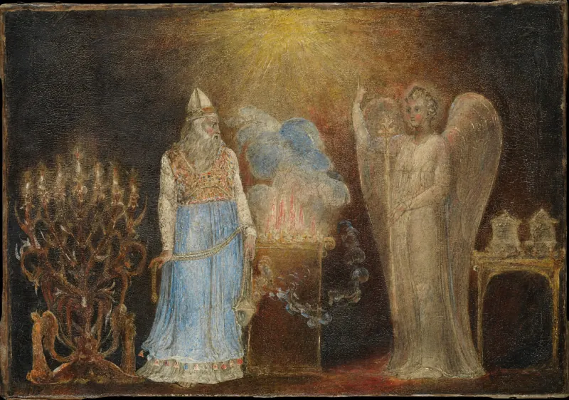 Ein Engel in hellem Licht erscheint dem Priester Zacharias neben dem Räucheraltar im Tempel