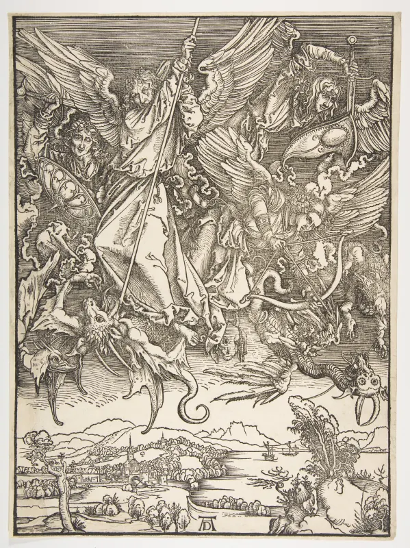 Holzschnitt von Albrecht Dürer: Erzengel Michael und seine Engel kämpfen am Himmel gegen Drachen, darunter eine ruhige Landschaft