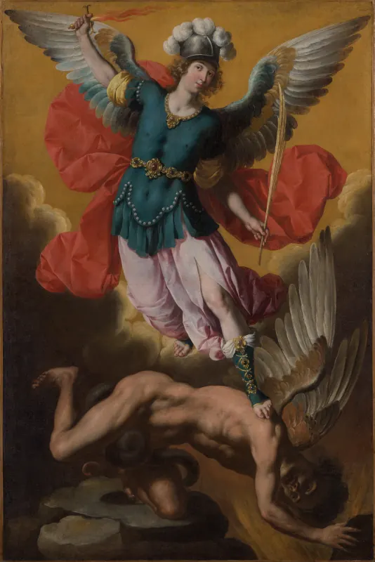 Erzengel Michael mit Federhelm, blauem Harnisch und rotem Umhang hebt ein Flammenschwert über den gestürzten Satan, Gemälde von Ignacio de Ries