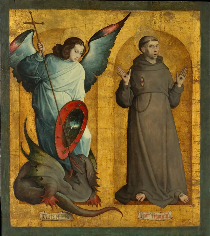 Erzengel Michael mit Kreuzstab und rotem Schild steht auf einem Drachen, daneben der heilige Franziskus in brauner Kutte vor Goldgrund