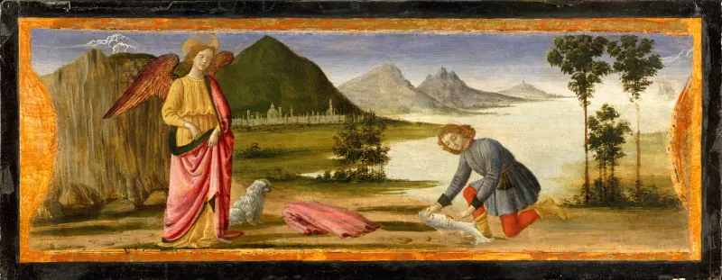 Querformat: links Erzengel Raphael mit Flügeln und rotem Mantel, rechts kniet Tobias am Ufer bei dem Fisch, dahinter Berge und See