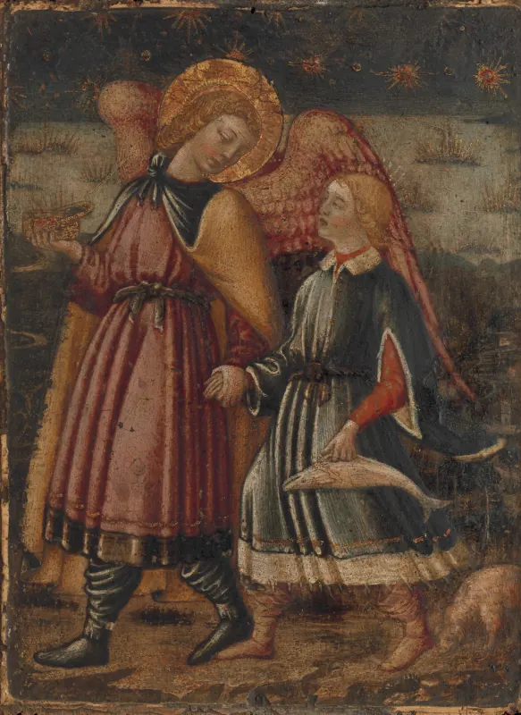 Erzengel Raphael mit Heiligenschein führt den jungen Tobias an der Hand, Tobias trägt einen Fisch, unten ein Hund