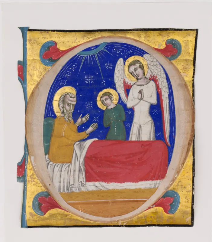 Buchmalerei: Im Buchstaben O sitzt der alte Tobit im Bett, vor ihm Tobias und der betende Engel Raphael vor blauem Sternenhimmel